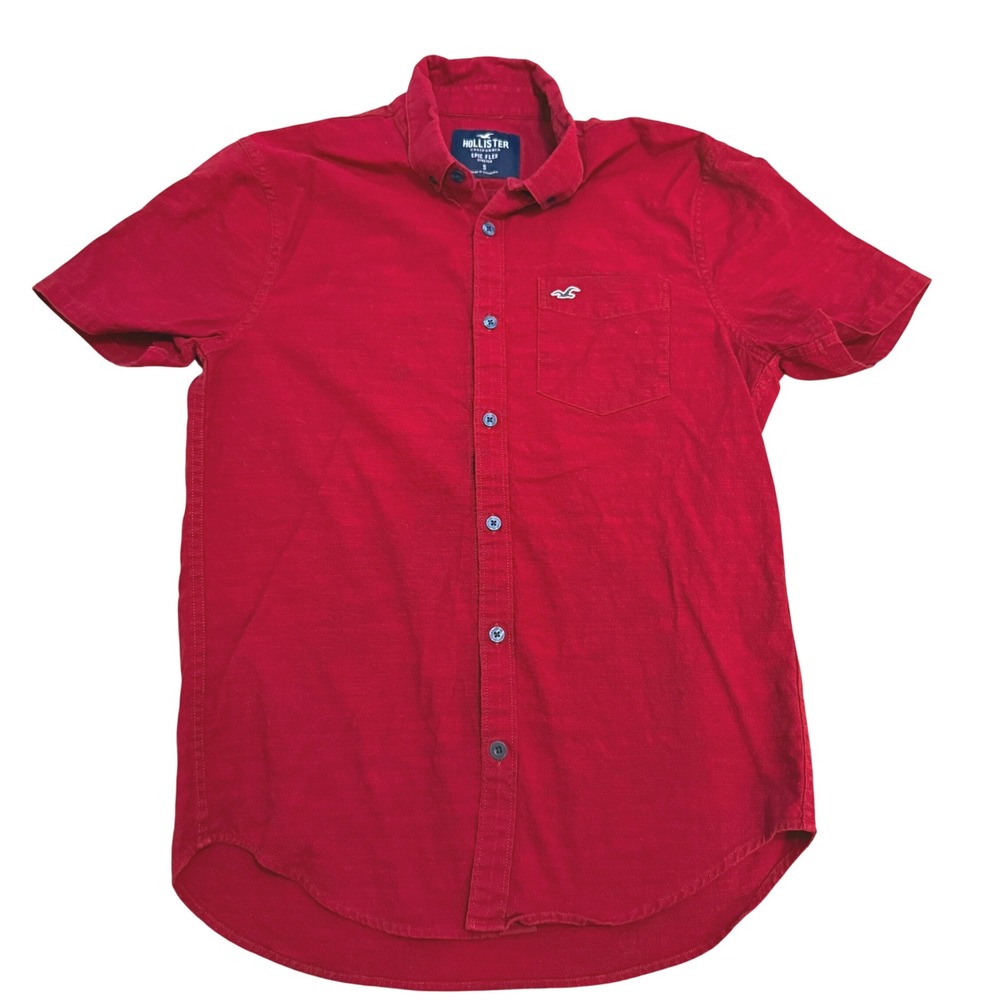 Hollister Button Down Shirt Mens Small Red Epic Flex‎ Short Sleeve Logo